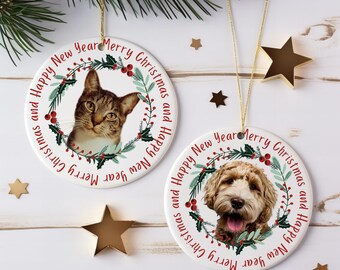 Personalized Pet Photo Christmas Ornament, Round Ceramic Ornament, Pet Photo Ornament, Gift for Dog Mom, Gift for Cat Mom