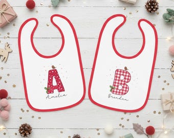 Personalized Christmas Baby Bib, Polka Dot or Plaid Letter