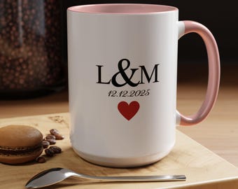 Personalized Coffee Mug, Accent Coffee Mug 11oz, 15oz, Newlywed Initials Mug, Engagement Gift, Wedding Present, Couples Mug, Heart Design