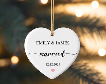 Married Script Names Ornament | Ceramic Heart Ornament, Wedding Keepsake