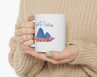 Saint Lucia Pitons Ceramic Mug, Hibiscus Flowers Souvenir Coffee Cup