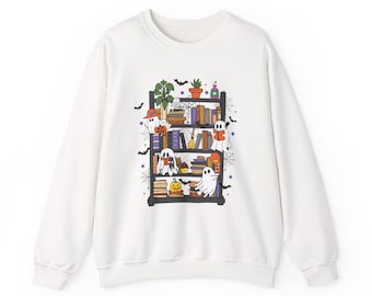 Cute Ghosts Booknook Crewneck Sweatshirt, Cozy Halloween Pullover, Spooky Season Sweater, Fall Ghost Jumper, Halloween Sweater