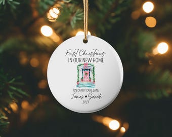 Personalized Christmas Ornament, Round Ceramic Ornament, First Christmas in New Home Ornament, Family Memento Ornament