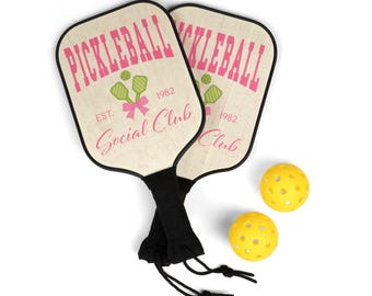 Pickleball Social Club Wood Paddle Set | Retro Design, Two Paddles, Balls, Bag