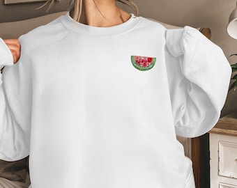 Watermelon Slice Faux Patchwork Sweatshirt | Small Chest Patch Fruit Graphic