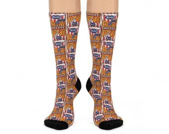 Hawkins Cheezies Pattern Crew Socks | Canadian Snacks Novelty Socks