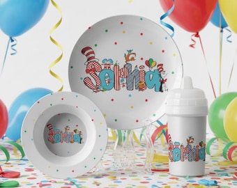Personalized Dr. Seuss Inspired Dinnerware Set, Custom Name Plate, Bowl, Camping Mug, Sippy Cup