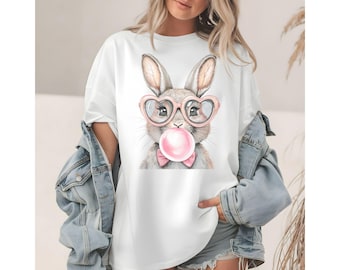 Easter Bunny Unisex Tee, Comfort Colors 1717 Shirt, Bubble Gum Bunny, Heart-Shaped Shades, Easter Gift, Cute Bunny Shirt