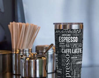 Espresso Word Cloud Tumbler 20oz, Coffee Subway Art Tumbler, Coffee Lovers Travel Mug, Coffee Lover's Word Cloud