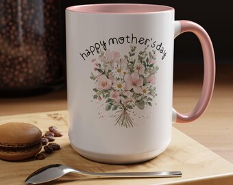 Mother's Day Accent Coffee Mug, Accent Mug 11oz, 15oz, Ceramic Gift for Mom, Mother's Day Gift, Floral Mug, Floral Bouquet Mug