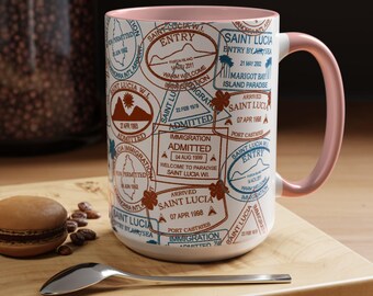Saint Lucia Passport Stamps Ceramic Mug, Travel Souvenir Drinkware