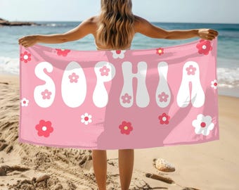Pink Groovy Flower Power Personalized Beach Towel - Custom Name, Summer Fun, Beach Accessories, Pool Towel, Vacation Gear