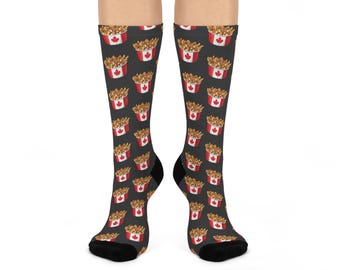 Canadian Poutine Cushioned Crew Socks, Personalized Gift for Boyfriend, Novelty Birthday Gag Socks, Fun Food Socks, Unique Crew Sock Present