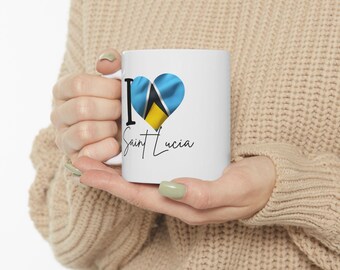 Saint Lucia Flag Heart Ceramic Mug, 11oz Souvenir Coffee Cup