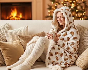 Poutine Pattern Hooded Sherpa Blanket, Canadian Food Throw