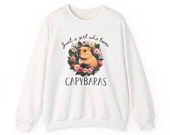 Crewneck Sweatshirt, Just A Girl Who Loves Capybaras Cozy Fall Pullover, Gildan 18000 Soft Sweatshirt
