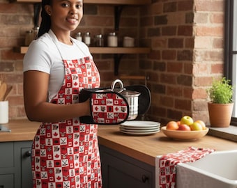 Kitchen Gift Set, Canada Day Kitchen Apron, Oven Mitts & Tea Towel (Red Maple Leaf Pattern), Housewarming Gift