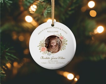 Baby Birth Announcement Ceramic Ornament, Tree Ornament, New Parents Gift, Baby Keepsake, Round Ornament