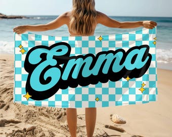 Personalized Beach Towel - Blue Retro Checkerboard with Customizable Name - Perfect for Summer Fun