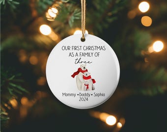 Personalized Christmas Ornament, Polar Bear Family, Round Ceramic Ornament, First Christmas as a Family, Christmas 2025 Ornament