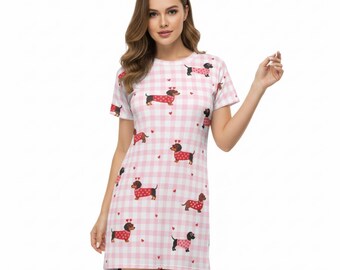 Dachshund Pattern Pink Gingham T-Shirt Dress | Sausage Dog Print
