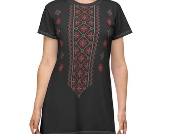 Palestinian Tatreez T-Shirt Dress | Folk Pattern A-Line Mini Dress