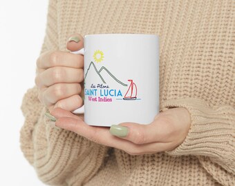 Saint Lucia Pitons Ceramic Mug, Caribbean Souvenir Coffee Cup, Tropical Island Memory