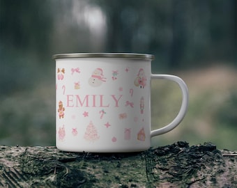 Personalized Christmas Camping Mug – Pink Enamel Mug for Kids