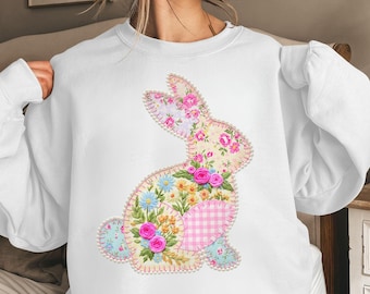Faux Embroidered Floral Patchwork Bunny Sweatshirt | Spring Easter Rabbit Crewneck