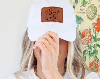 Love Birds Dad Hat with Leather Patch (Rectangle), Bride and Groom Hat, Matching Hats, Wedding Hats, Honeymoon Hats, Bride and Groom Gift