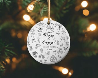 Ceramic Ornament, Merry & Engaged Christmas Ornament, Engagement Keepsake, Round Holiday Decor, Tree Ornament, Gift for Couples, Festive