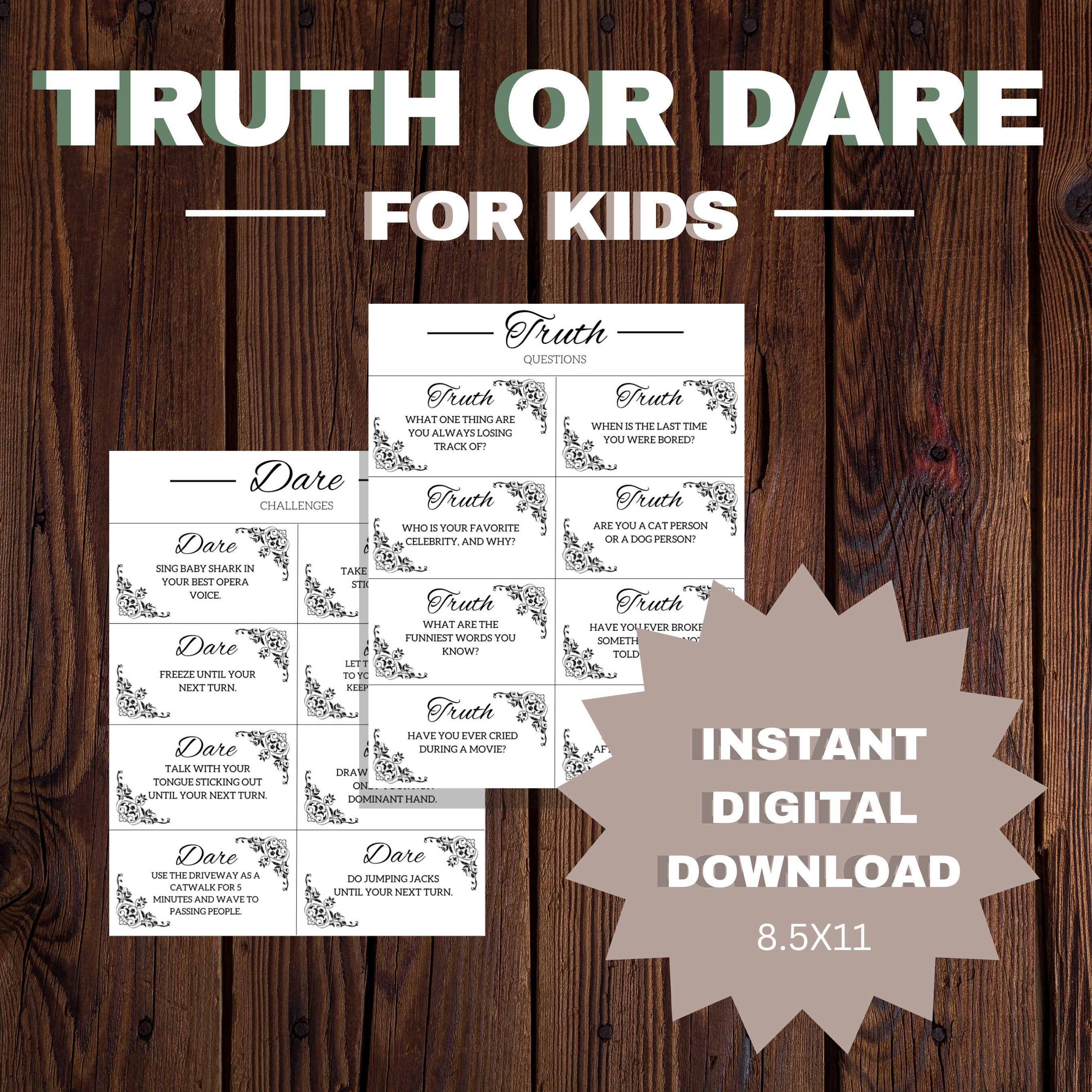 Truth or Dare for Kids, Printable Truth or Dare Game, Family Games ...