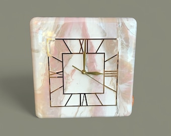 Resin Art Clock: Square Bamboo Base, Mirrored Gold Face (30x30 cm)
