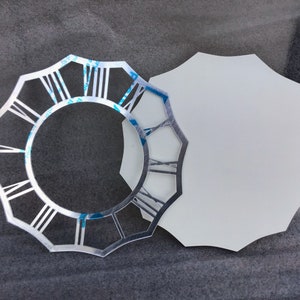 May include: A silver clock face with Roman numerals, with a white background behind it.