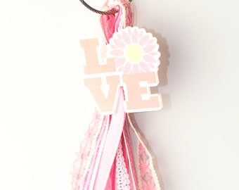 Rosa Sonnenblume Band Reißverschluss Pull, Einkaufstasche Quaste, Rucksack Anhänger, Taschen Anhänger, Turnbeutel Anhänger, Gym Bag Anhänger, Gymnastik Beutel Anhänger