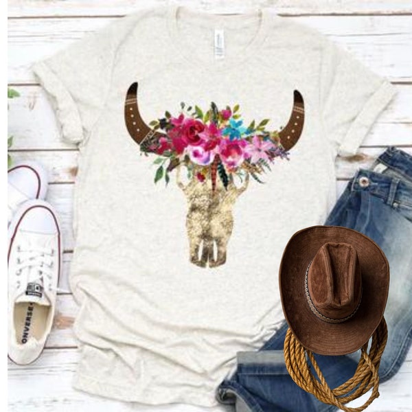 Floral Bull T-Shirt, Cow Skull Floral Shirt, Bohemian T-Shirt, Boho Cow Skull Shirt, Gift for Bull Lover, Rodeo Shirt, Cowgirl T-Shirt