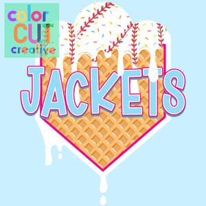 May include: A waffle cone with a baseball-themed ice cream scoop, dripping with white frosting. The cone is shaped like a baseball diamond and the text "JACKETS" is written in blue letters with a pink outline.