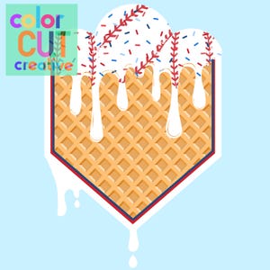 May include: A waffle cone ice cream treat with a baseball design. The ice cream is white with red and blue sprinkles and is dripping down the sides of the cone. The cone is a light brown color and has a hexagonal shape.