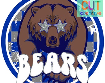 May include: A blue and white circle with a brown bear wearing sparkly silver sunglasses. The bear is looking forward and the text "BEARS" is written in white with a glittery effect below the bear.