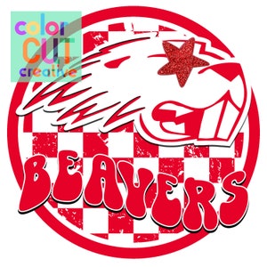 May include: Red and white graphic design featuring the word "BEAVERS" in a bubble font, a stylized beaver head, and a red glitter star. The design is set against a red and white checkered background within a red circle.