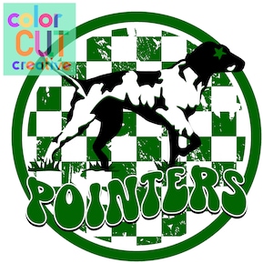 May include: Green and white checkered circle with a black and white dog silhouette in the center. The dog is running and has a star on its head. The text "POINTERS" is written in green letters below the dog.