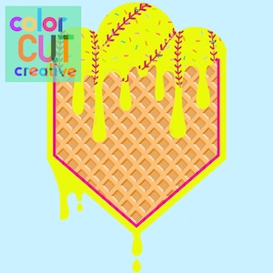 May include: A yellow softball ice cream cone with a waffle cone and yellow and red stitching on the softball. The ice cream is dripping down the sides of the cone.