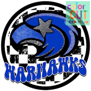 May include: A blue and black circular design with a checkered pattern and a blue eagle with a silver star. The text "HARHAWK" is written in a blue, wavy font.