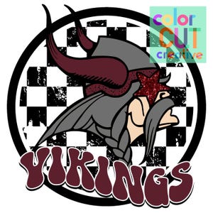May include: A graphic of a Viking helmet with a star and the word "VIKINGS" in a retro font. The helmet is gray with burgundy horns and a star. The background is a black and white checkered pattern.