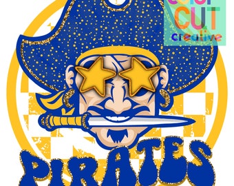 May include: A blue and gold pirate mascot with a gold glitter finish. The mascot is wearing a blue and gold pirate hat, sunglasses with gold stars, and a gold glitter bandana. The mascot is holding a gold glitter sword in its mouth. The word "PIRATES" is written in blue and gold letters below the mascot.