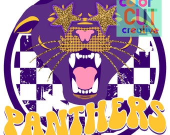 May include: Purple and gold circular design with a black panther wearing gold glitter star-shaped sunglasses. The panther has a pink tongue and a checkered background. The text "PANTHERS" is in yellow with a purple outline.