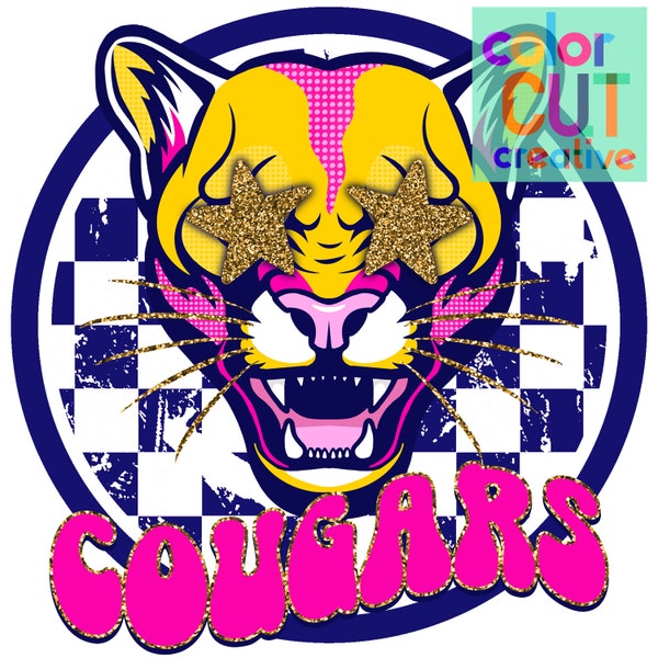 Cougar preppy mascot png | digital download | navy gold pink glitter