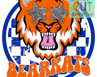 May include: Orange and blue circular logo with a cartoon tiger wearing star-shaped sunglasses and the text "BEAR KATS" in a retro font.