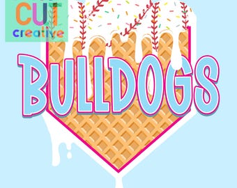 Mascota de cono de waffle de béisbol de los Bulldogs, PNG / descarga digital / goteo de helado rosa aguamarina
