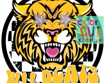 Wildcats preppy mascotte png / download digitale / design gatto selvatico nero giallo
